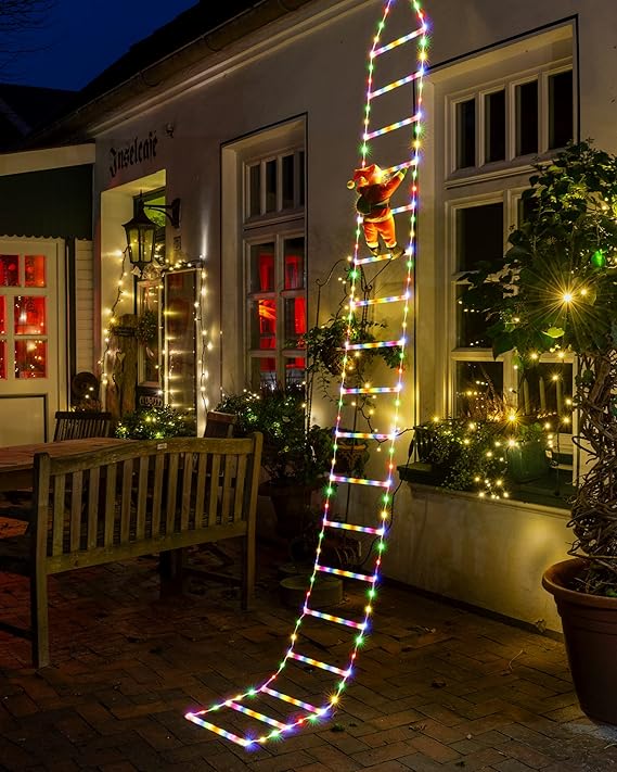 Guirlande lumineuse LED de Noël - 10 pieds (environ 3 mètres) lumière en forme d'échelle de Noël avec Père Noël, décoration de Noël adaptée pour l'intérieur et l'extérieur, fenêtres, jardin, maison, murs, décoration de sapin de Noël - Multicolore