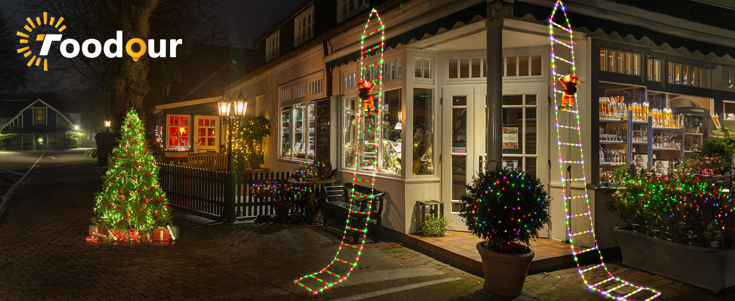 Guirlande lumineuse LED de Noël - 10 pieds (environ 3 mètres) lumière en forme d'échelle de Noël avec Père Noël, décoration de Noël adaptée pour l'intérieur et l'extérieur, fenêtres, jardin, maison, murs, décoration de sapin de Noël - Multicolore