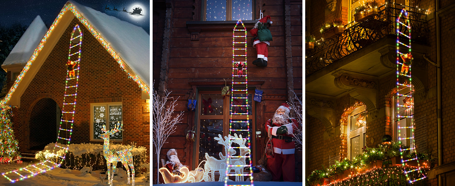 Guirlande lumineuse LED de Noël - 10 pieds (environ 3 mètres) lumière en forme d'échelle de Noël avec Père Noël, décoration de Noël adaptée pour l'intérieur et l'extérieur, fenêtres, jardin, maison, murs, décoration de sapin de Noël - Multicolore