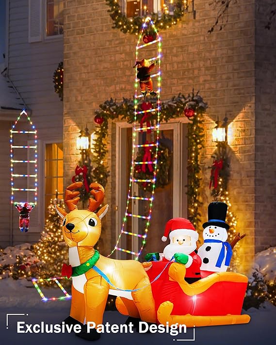 Guirlande lumineuse LED de Noël - 10 pieds (environ 3 mètres) lumière en forme d'échelle de Noël avec Père Noël, décoration de Noël adaptée pour l'intérieur et l'extérieur, fenêtres, jardin, maison, murs, décoration de sapin de Noël - Multicolore